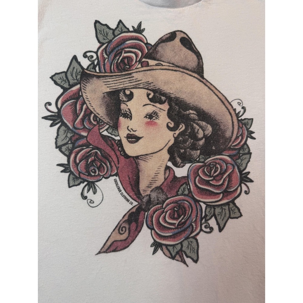 Cowgirl Roses Western Graphic TShirt Women Med Beige Rockabilly Pinup Tattoo - Picture 2 of 7